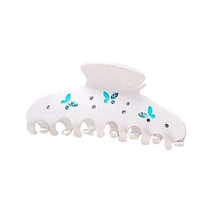 Elegant white acetate hair claw clip with blue butterfly design and small rhinestones
