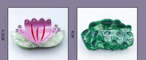 Detail view of 4cm and 4.3cm acetate lotus hair claws with sparkling rhinestone accents