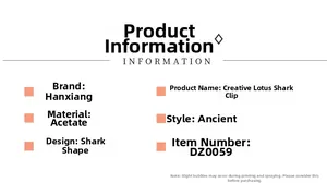 Detailed specifications table for the lotus acetate hair claw showing materials and style