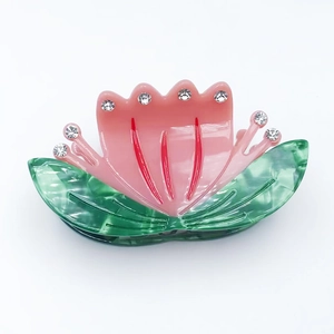 Pink and green acetate lotus flower hair claw clip with rhinestones and elegant gloss