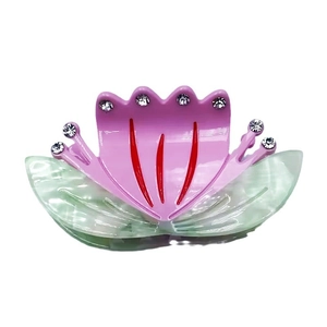 Lotus flower acetate hair claw clip with rhinestones and marble texture design