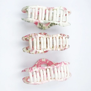 Lot de trois grandes pinces à cheveux à motif floral rose et blanc pour cheveux épais