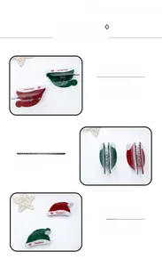 Detailed views of red and green Christmas hat hair claws with snowflake motifs