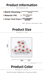 Detail specifications of strawberry PVC claw clip with size 9cm x 5cm and 27g weight