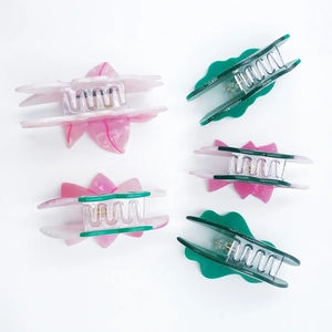 Elegant lotus leaf acetate hair claws set in pink and green floral shark clip design
