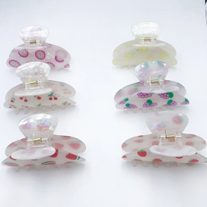 Set of 6 fruit pattern PVC hair claws with pearlescent finish and cartoon summer designs