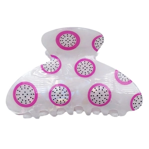 Minimalist white fruit pattern hair claw with pink dragon fruit print and glossy finish