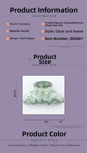 Detail showing acrylic daisy hair claw clip size 8cm x 4.5cm and 18g weight specifications