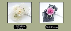 Detail view of mesh flower claw clips in cream peony and pink purple peony designs