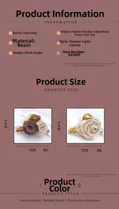 Detailed view of resin shark hair clip with double-sided dried rose and 13cm size mark