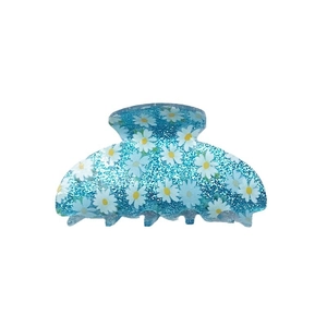 Blue glitter acrylic hair claw clip featuring white daisy floral prints for women