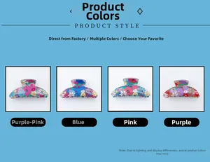Detail showing four floral PVC hair claws in purple, blue, pink, and lilac daisy prints