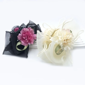 Elegant mesh flower hair claw clips with pearls and ribbons in black and white colors