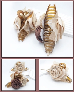 Detail of elegant 3D resin rose hair claw clips in beige and coffee earth tones