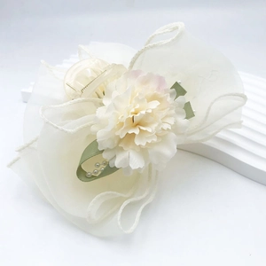 Elegant cream organza double-sided flower hair claw clip with bow and pearl details
