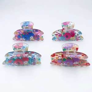 Large PVC Floral Hair Claw Clip Translucent Color Printed Flower Shark Clip Strong Grip Fashion Hair Accessory For Women