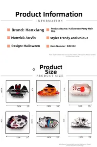 Size chart showing dimensions of Halloween acrylic hair claws with pumpkin and bat designs