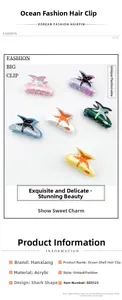 Detailed macro view of six colorful starfish acrylic hair claws with glossy shell texture