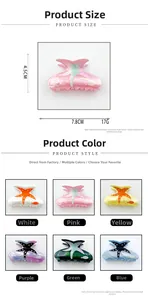 Detailed size chart for starfish hair claws with fish patterns in six vibrant colors