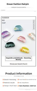 Detail of colorful ocean-themed acrylic hair clips with starfish and coral patterns