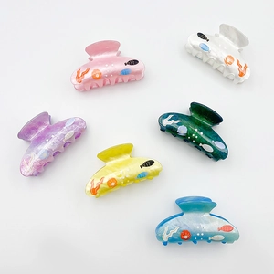Colorful ocean themed acrylic hair claw clips set with sea shell and seaweed patterns
