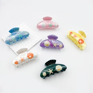 Ocean Theme Acrylic Shell Starfish Hair Claw Clips For Women Marble Texture Gold Inlay Large Summer Shark Clip Hair Accessories