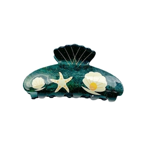 Green marble shell hair claw clip with golden starfish and nautical ocean elements