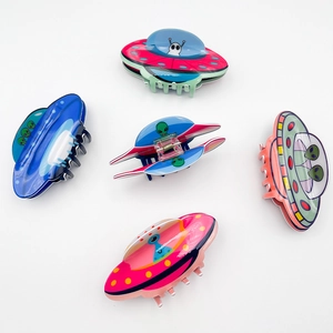 Cartoon UFO hair clips set with colorful alien patterns for cute hair styling