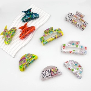 Back To School Acrylic Printed Letter Hair Claw Clips For Women Cute Square Semi-Circle Butterfly Shape Shark Clip Hair Accessory