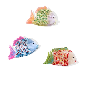Pinze per capelli in acetato a forma di pesce, serie oceano, colori blu e giallo lucido