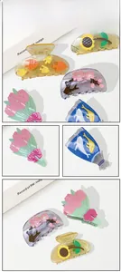 Detailed views of acetate flower and sea animal hair claws in various vibrant colors