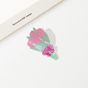 Creative tulip flower bouquet hair claw clip with pink blossoms and green leaves