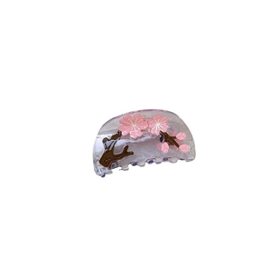 Floral acetate shark hair claw clip with pink cherry blossom and brown branch design