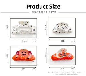 Detailed size chart for Halloween acrylic hair claws with pumpkin and bat patterns