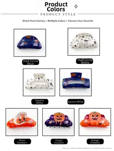 Detailed grid of Halloween acrylic hair claws featuring pumpkins ghosts and bat patterns