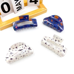 Dark style acrylic Halloween claw clips set featuring pumpkin, bat and ghost patterns
