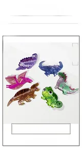 Detail showing various colorful acrylic dinosaur hair clips in a stylish array