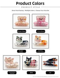 Detail view of acetate hair claws featuring diverse animal and dog breed designs