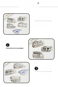 Dettaglio dei fermagli per capelli in acrilico bianco con illustrazioni di gesti a mano