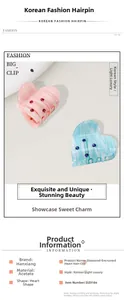 Detail of pink and blue acetate heart hair clips with rhinestone embellishments