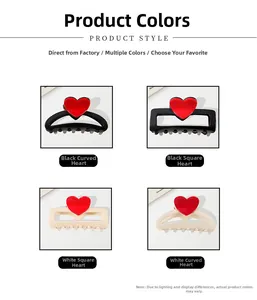 Ensemble de pinces à cheveux noires et crème ornées de cœurs rouges 3D éclatants