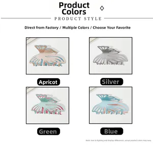 Detail view of butterfly hair claws in four colors including apricot, silver, green and blue