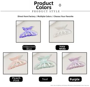 Iridescent acrylic hair claws with pearl trim in blue, pink, and white color options