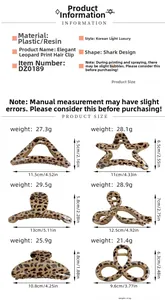 Detailed size and dimension specs for leopard print hair claw clips in various styles