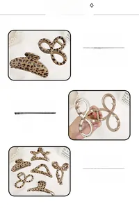 Detailed views of leopard print hair claws in various shapes with metal springs