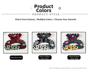 Detailed views of floral pattern heart hair claws in red, blue-brown and teal colors