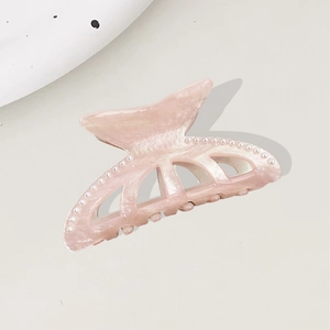 Elegant pink acrylic shark hair clip with pearl beads and fishtail bow design for women