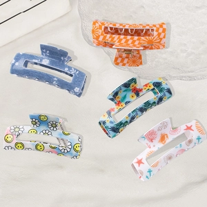 Lot de 5 pinces à cheveux rectangulaires avec motifs floraux, à carreaux et smileys