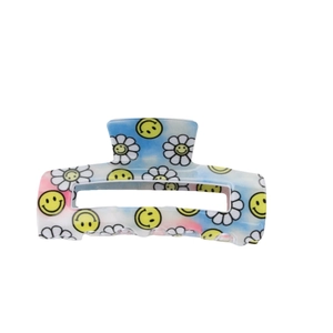 Pince à cheveux rectangulaire classique avec motif tie-dye bleu rose et visage souriant