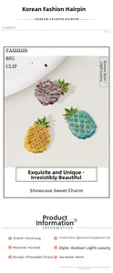 Detailed view of three dopamine acetate pineapple hair clips in pink, blue and yellow tones